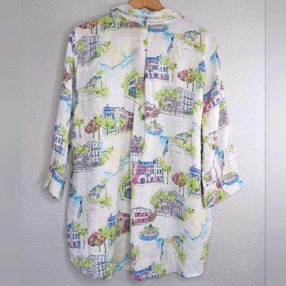 Chico's 100% Linen Novelty City Print Sz 3 Long Sleeve Button Down Front Blouse - Picture 3 of 15
